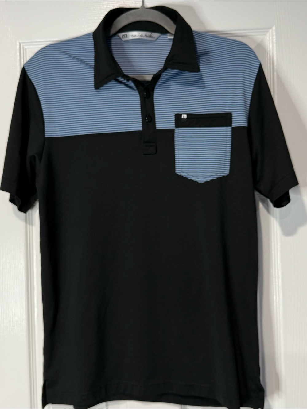 Travis Mathew Black Polo with Light Blue Striped Yoke and Pocket Medium